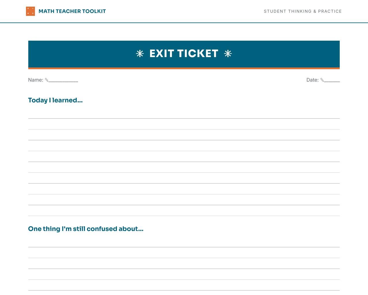Exit Ticket page with reflection prompts and a confidence rating row