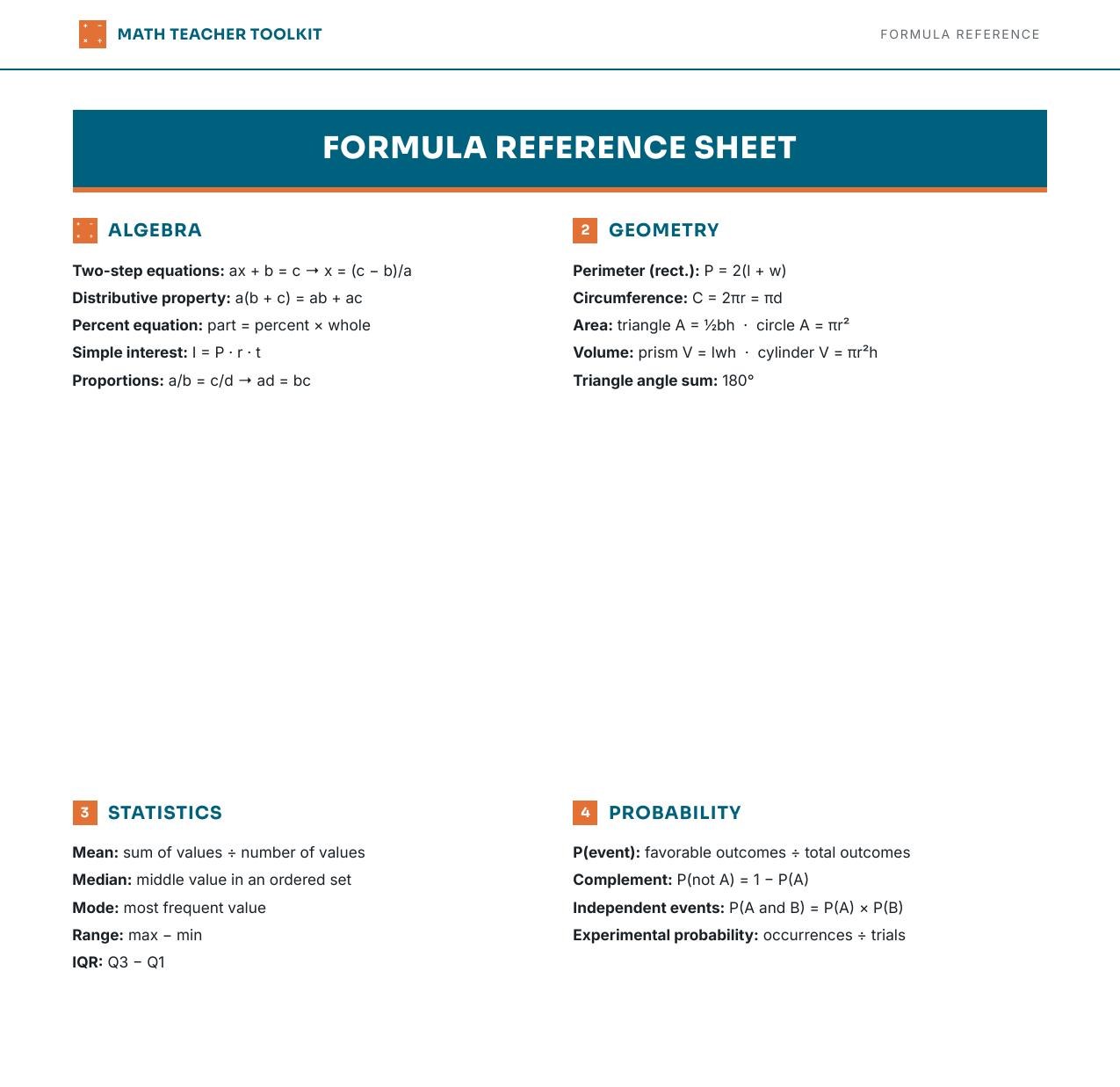 Formula Reference Sheet covering algebra, geometry, statistics and probability