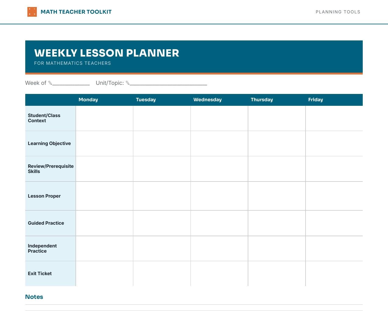 Weekly Lesson Planner page with Monday to Friday columns for objectives, practice and exit ticket